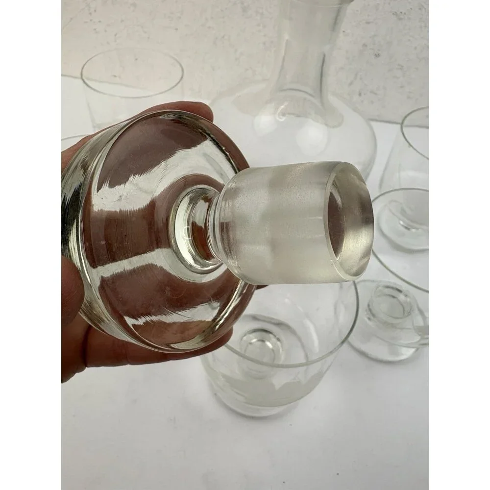 Vintage Etched Glass Decantur & 5 Glasses Clipper Ship Nautical Bar Barware